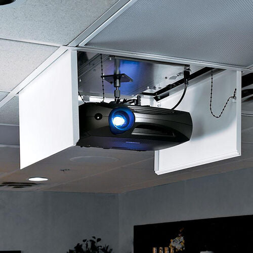 Draper LCD Lift A Authorized Draper Dealer. Ceiling Recessed Projector Lift with Bomb Bay Style Closure Doors. 11-1/2" Maximum Down Travel