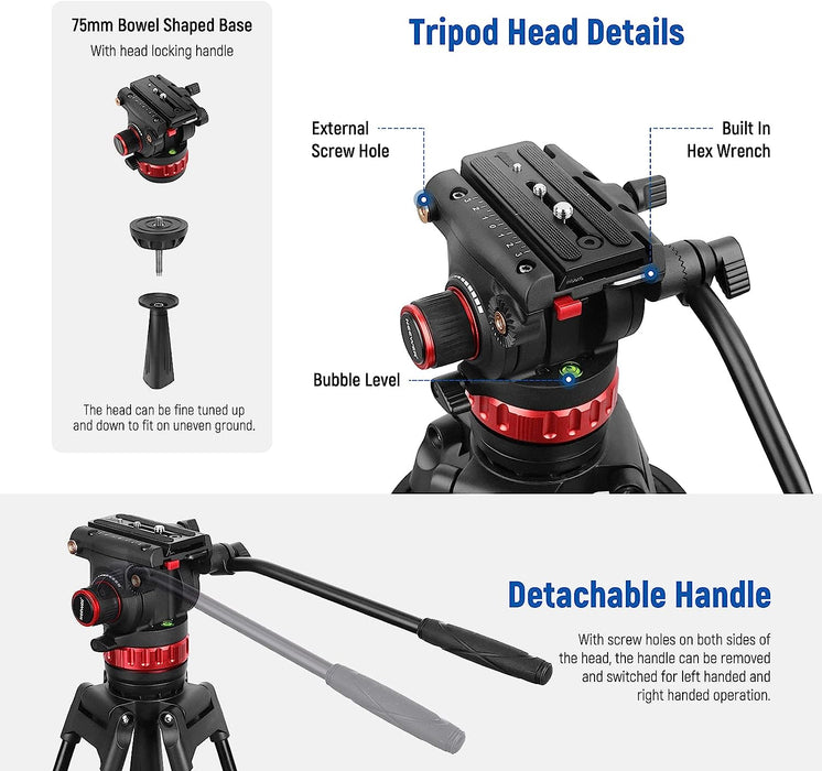 NJA 74" Pro Video Tripod with Fluid Head, All Metal Heavy Duty QR Plate Compatible with DJI RS Gimbals Manfrotto, Flexible 360° Pan&+90°/-75° Tilt with Adjustable Damping Max Load 18lb/8kg, TP75 - NJ Accessory/Buy Direct & Save
