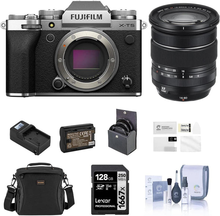 Fujifilm X-T5 Mirrorless Camera, Silver with XF 16-80mm f/4.0 R OIS WR Lens, 128GB SD Card, Shoulder Bag, Extra Battery, Charger, 72mm Filter Kit, Screen Protector, Cleaning Kit