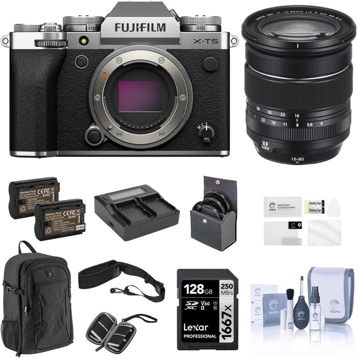 Fujifilm X-T5 Mirrorless Camera, Silver BUwith XF 16-80mm f/4.0 R OIS WR Lens, 128GB SD Card, Backpack, 2X Battery, Dual Charger, 72mm Filter Kit, Screen Protector, and Accessories