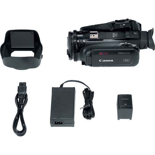 Canon Vixia HF G50 UHD 4K Camcorder (Black) with Fisheye Lens + 64GB Card + Battery + Video Light + Mic + Case + Tripod + Filter Kit