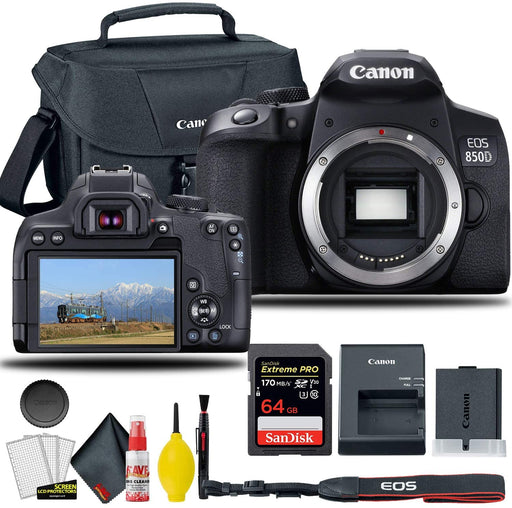Canon EOS Rebel T8i/850D DSLR Camera (Body Only), EOS Camera Bag + Sandisk Extreme Pro 64GB Card + Electronics Cleaning Set
