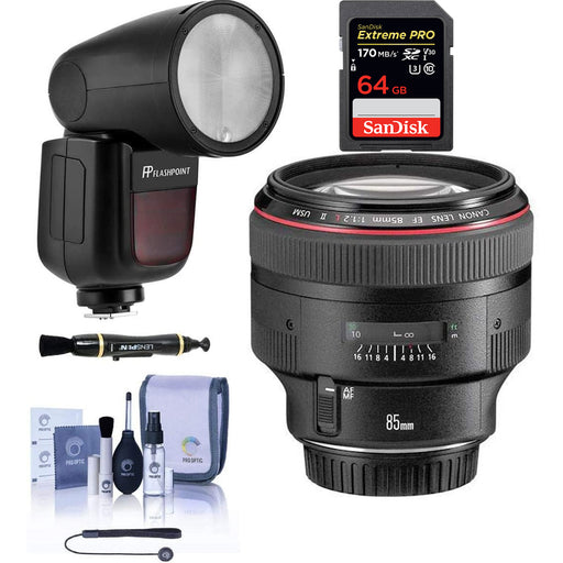 Canon EF 85mm f/1.2L II USM Lens with Flashpoint Zoom Li-on X R2 TTL &amp; Sandisk Extreme Pro 64GB Bundle