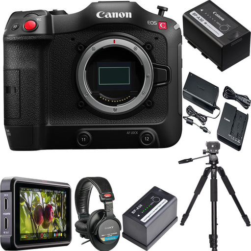 Canon EOS C70 Cinema Camera (RF Lens Mount) with Atomos Ninja V 5 | Sony Headphones |Spare Battery & Tripod Bundle
