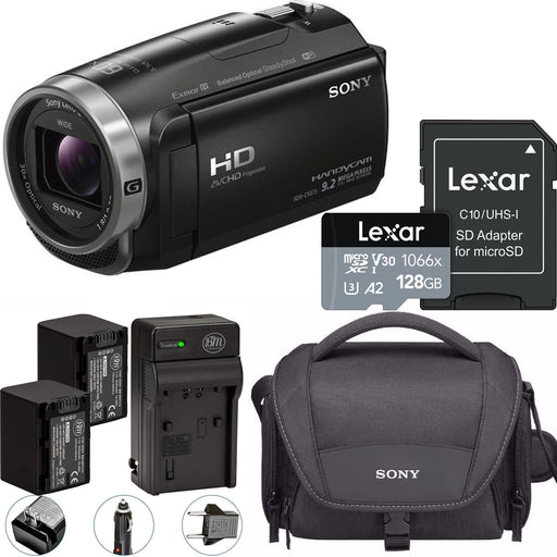 Sony HDR-CX675 Full HD Handycam Camcorder with 2x Spare Batteries | Charger | Sony Case &amp; Lexar 128GB microSDXC Card with Adapter Premium Package