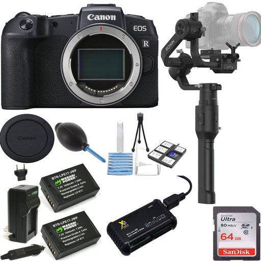 Canon EOS RP Mirrorless Digital Camera (Body Only) - with DJI Ronin-S Essentials Kit, 64GB MC, Card Reader, Spare Battery &amp; Charger Bundle