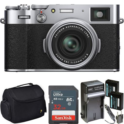 FUJIFILM X100V Digital Camera (Silver) with Sandisk 32GB Memory Card | Carrying Case | 2x Spare Batteries &amp; AC/DC Charger Bundle