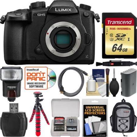 Panasonic Lumix DC-GH5 Wi-Fi 4K Digital Camera Body with 64GB Card + Backpack + Flash + Battery + Flex Tripod + Kit