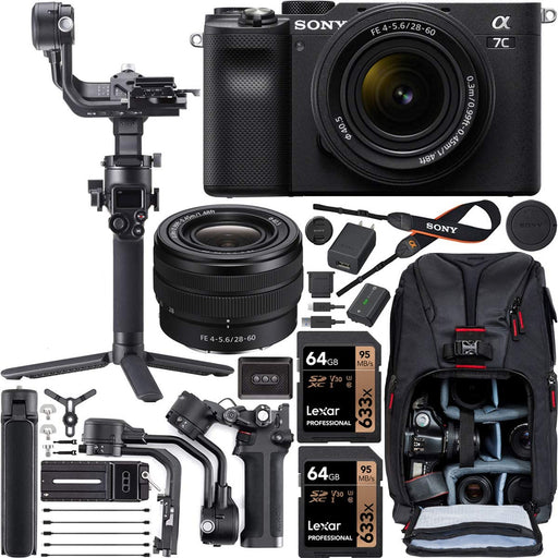Sony Alpha a7C Mirrorless Digital Camera with 28-60mm Lens W/ Filmmaker's Kit with DJI RSC 2 Gimbal 3-Axis Handheld Stabilizer Deluxe Bundle