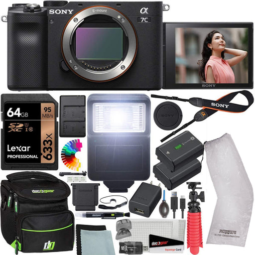 Sony Alpha a7C Mirrorless Digital Camera (Body Only, Black) with Lexar 64GB | Case | RainCover | Flash & More