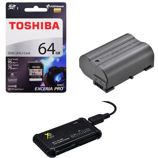 Pro Bundle: Toshiba 64GB SD | Nikon EN-EL15A Battery | XitPhoto All in 1 High Speed Reader/ Writer