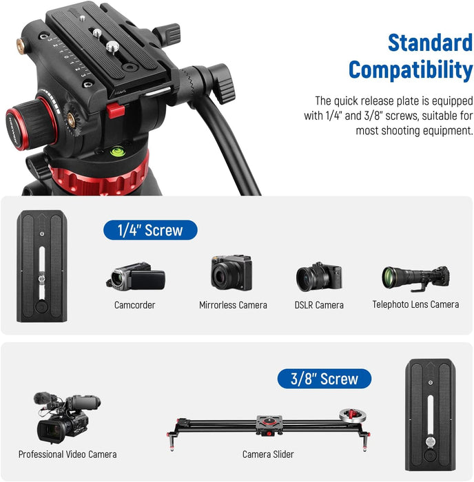 NJA 74" Pro Video Tripod with Fluid Head, All Metal Heavy Duty QR Plate Compatible with DJI RS Gimbals Manfrotto, Flexible 360° Pan&+90°/-75° Tilt with Adjustable Damping Max Load 18lb/8kg, TP75