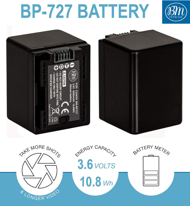 BM Premium 2 BP-727 Batteries and Dual Charger for Canon Vixia HFR80 HFR82 HFR800, HFR70, HFR72, HFR700, HFR32, HFR300, HFR40, HFR42, HFR400, HFR50, HFR52, HFR500, HFR60, HFR62, HFR600 Camcorder - NJ Accessory/Buy Direct & Save