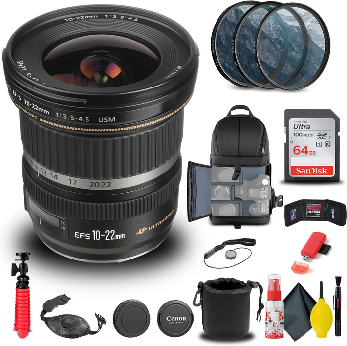 Canon EF-S 10-22mm f/3.5-4.5 USM Lens (9518A002) + Filter Kit + Backpack + 64GB Card + Lens Pouch + Card Reader + Flex Tripod + Memory Wallet + Cap Keeper + Cleaning Kit + Hand Strap + More - NJ Accessory/Buy Direct & Save