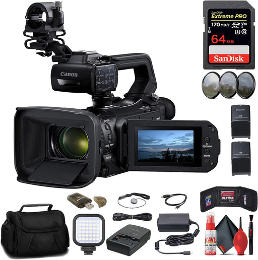 Canon XA70 UHD 4K30 Camcorder with Dual-Pixel Autofocus (5736C002) + 64GB Memory Card + Battery + Charger + Filter Kit + Bag + LED Light + Card Reader + HDMI Cable + More (Renewed)