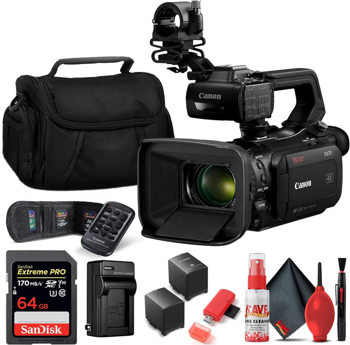 Canon XA70 UHD 4K30 Camcorder with Dual-Pixel Autofocus (5736C002) + 64GB Card, Extra Battery, Extra Charger, Large Case, Cleaning kit, & More (Renewed)