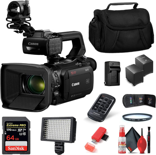 Canon XA70 UHD 4K30 Camcorder with Dual-Pixel Autofocus (5736C002) + Video Light, 64GB Card, Extra Battery, Extra Charger, Large Case, Filters, & More (Renewed) Bundle