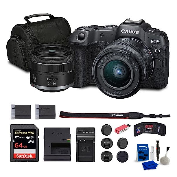 Canon EOS R8 Mirrorless Camera with RF 24-50mm f/4.5-6.3 is STM Lens+64GB Memory Card + Charger + LPE17 Battery & More