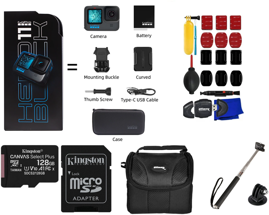 GoPro HERO11 Black Mini Hero 11 Mega Accessory Kit w Monopod Tripod 64GB  Bundle 