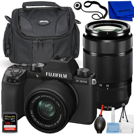 Fujifilm X-S10 (Black) with XC 15-45mm OIS PZ & XC 50-230mm OIS II Lenses Kit + Cleaning Accessories - NJ Accessory/Buy Direct & Save