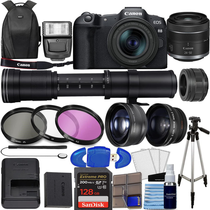 Canon EOS R8 Mirrorless Camera with RF 24-50mm f/4.5-6.3 is STM Lens + 420-800mm Zoom Lens + Wide Angle & Telephoto Lens +More - NJ Accessory/Buy Direct & Save