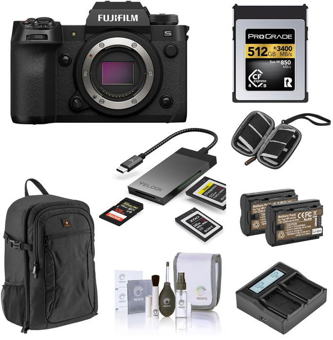 Fujifilm X-H2S Mirrorless Camera, Black - Bundle with 512GB CFexpress Card, CF express card reader, Extra Batteries, Dual Charger, Backpack, Screen Protector, SD Card Case, Cleaning Kit