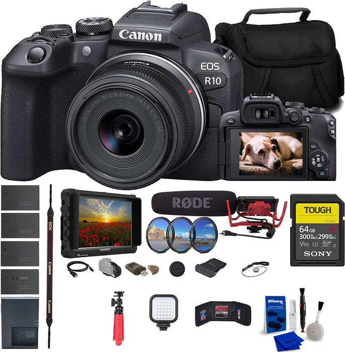 Canon EOS R10 Mirrorless Camera with 18-45mm Lens (5331C009) + 4K Monitor + Rode VideoMic + Sony 64GB Tough SD Card + Filter Kit + Bag + 3 x LPE17 Battery + Card Reader + LED Light + More - NJ Accessory/Buy Direct & Save