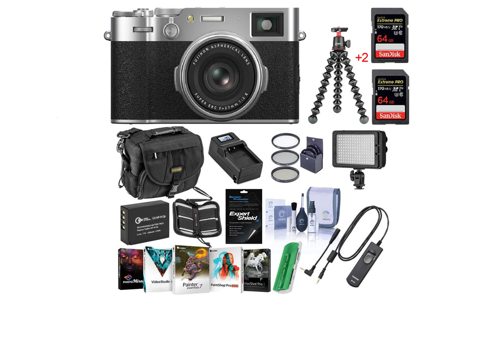Fujifilm X100VI Digital Camera, Silver/Black - Bundle Includes Camera Case + 2X 64GB SDXC Card, Fujifilm RR-100 Remote Release, Joby GorillaPod 3K Kit Black, Spare Battery, Charger, Bi-Color LED Light,Software