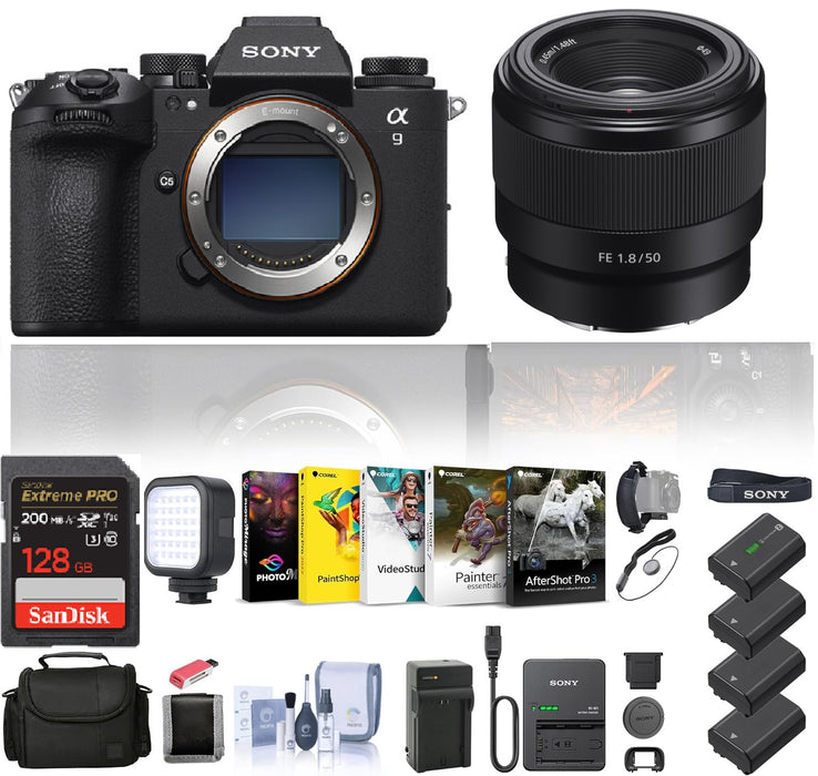 Sony Alpha a9 III Mirrorless Camera - 24.6MP Full Frame Global Shutter (ILCE-9M3) + 1 Sony FE 50mm f/1.8 Lens + 1 x 128GB Card + Bag + 3 x NP-FZ100 Compatible Battery + External Charger + Card Reader + LED Light + More