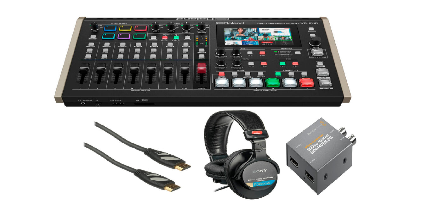 Roland VR-6HD Direct Streaming AV Mixer Bundle with Sony Headphones + Micro Converter & Cable KIT