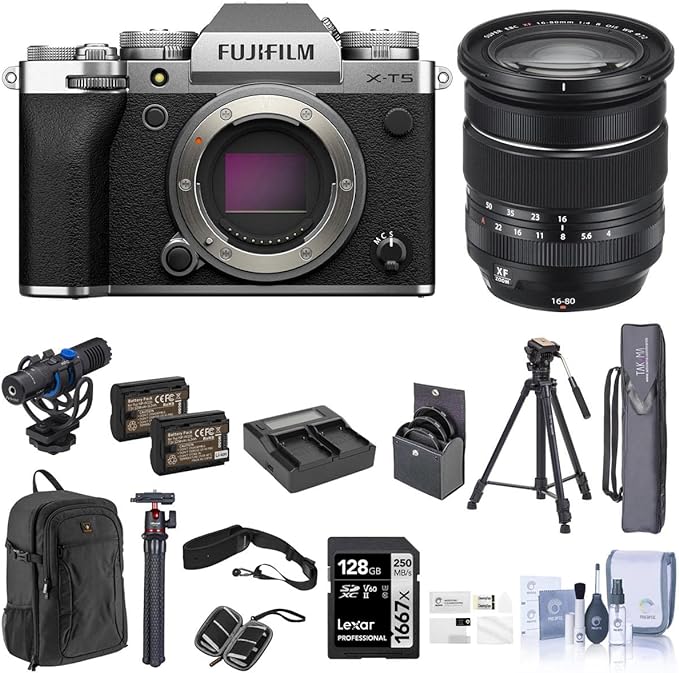 Fujifilm X-T5 Mirrorless Camera, Silver with XF 16-80mm f/4.0 R OIS WR Lens, 128GB SD Card, Backpack, 2X Battery, Dual Charger, Camera Strap, Aluminum Tripod, Mic, and Accessories