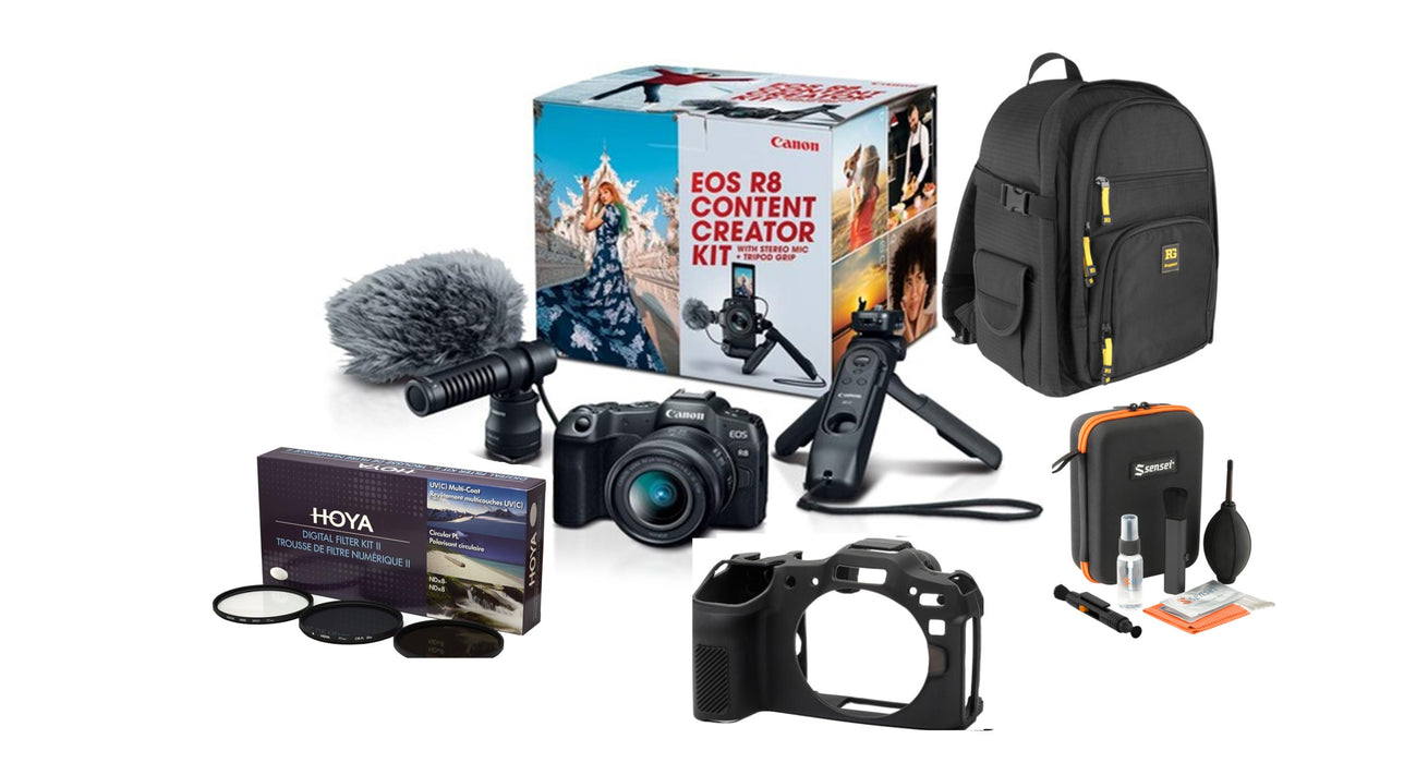Canon EOS R8 Mirrorless Camera Content Creator Kit W/ HOYA Filter Kit + Sensei Deluxe Optics Care + MoreCC - NJ Accessory/Buy Direct & Save