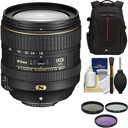 Nikon AF-S DX NIKKOR 16-80mm f/2.8-4E ED VR Lens with 3 UV/CPL/ND8 Filters | CaseLogic Backpack Package