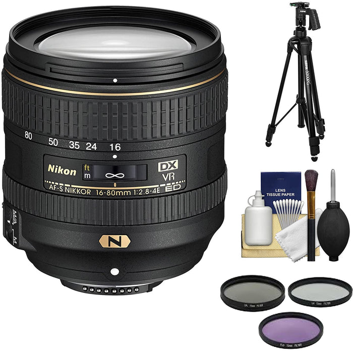 Nikon AF-S DX 16-80mm f/2.8-4E ED VR with 3 Filters | 60&quot; Tripod Kit | Cleaning Kit