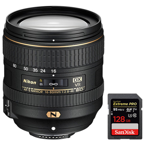 Nikon AF-S DX NIKKOR 16-80mm f/2.8-4E ED VR Lens W 128GB Memory Card