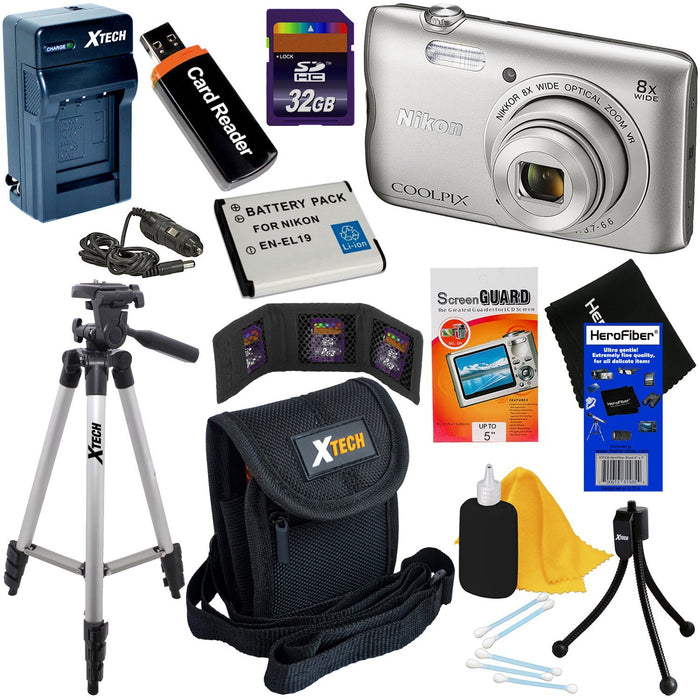 Nikon Coolpix A300 Wi-Fi Digital Camera (Silver) with 32GB Card + Case +  Battery & Charger Bundle