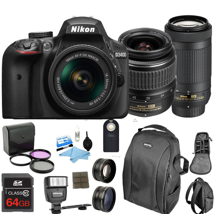  Nikon D3400 Digital SLR Camera & 18-55mm VR & 70-300mm DX AF-P  Lenses with 32GB Card + Case + Flash + Battery & Charger + Tripod + Filters  + Kit : Electronics