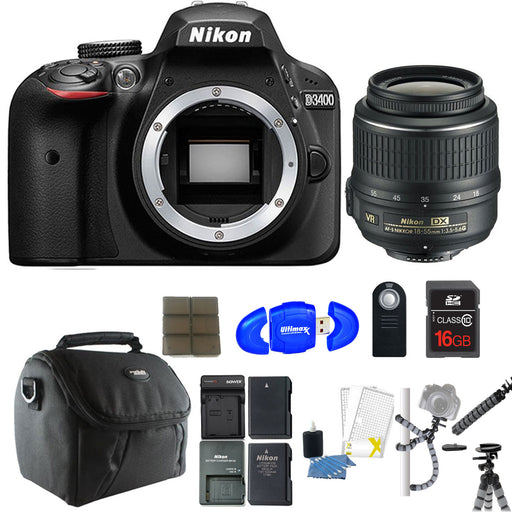 Nikon D3400/D3500 DSLR Camera with 18-55mm Lens (Black) with 16GB MC | DSLR Bag | Flexible Mini Tripod | More