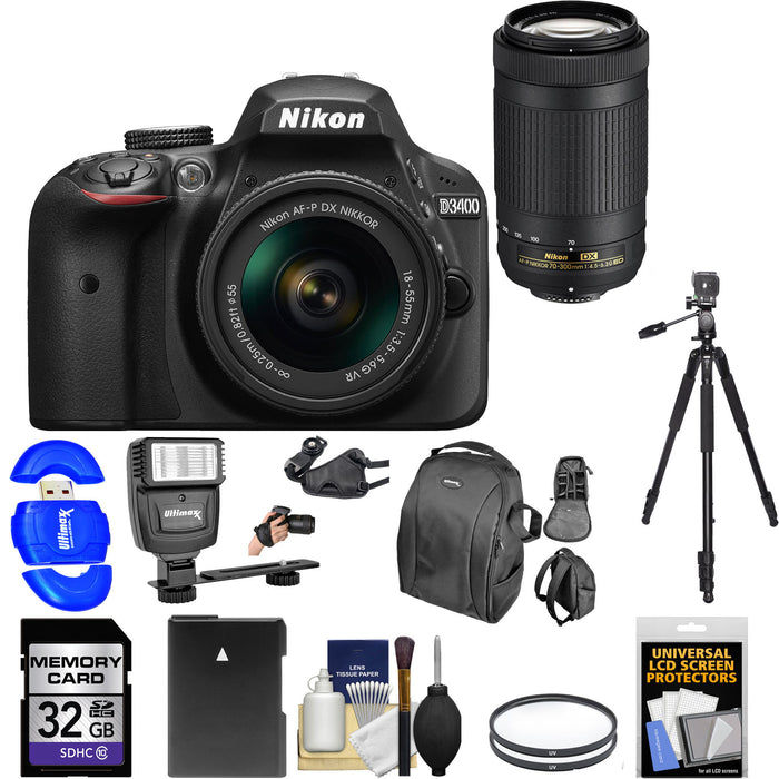 Nikon D3400 Digital SLR Camera & 18-55mm VR & 70-300mm DX AF-P Lenses w/ 32GB MC| Case| Battery| Filters| Tripod| Flash| Deluxe Bundle