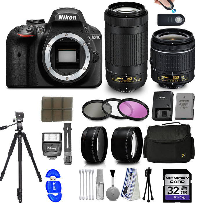 Nikon D3400/D3500 DSLR Camera with 18-55mm and 70-300mm VR Lenses + 32GB 15pc Accessory Bundle Kit