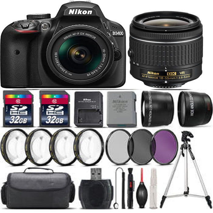 Nikon D3500 DSLR Camera with AF-P 18-55mm and 70-300mm Zoom Lenses Bundle  with 64GB Card and Accessories (7 Items)