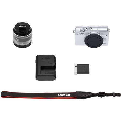 Canon EOS M200 Mirrorless Digital Camera with 15-45mm Lens (White) &amp; Sandisk 16GB | 2x Extra Batteries | Canon Case &amp; More