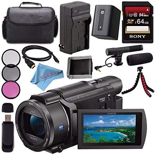 Sony FDR-AX53 FDRAX53 4K Ultra HD Handycam Camcorder + Rechargable Li-Ion Battery + Charger 64GB SDXC Card + Carrying Case + Tripod + HDMI Cable + Card Wallet + Card Reader + Fibercloth Bundle