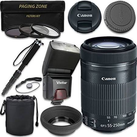 Canon EF-S 55-250mm f/4-5.6 Is STM Lens with Vivitar TTL Flash + 3PC Filter Kit + Monopod