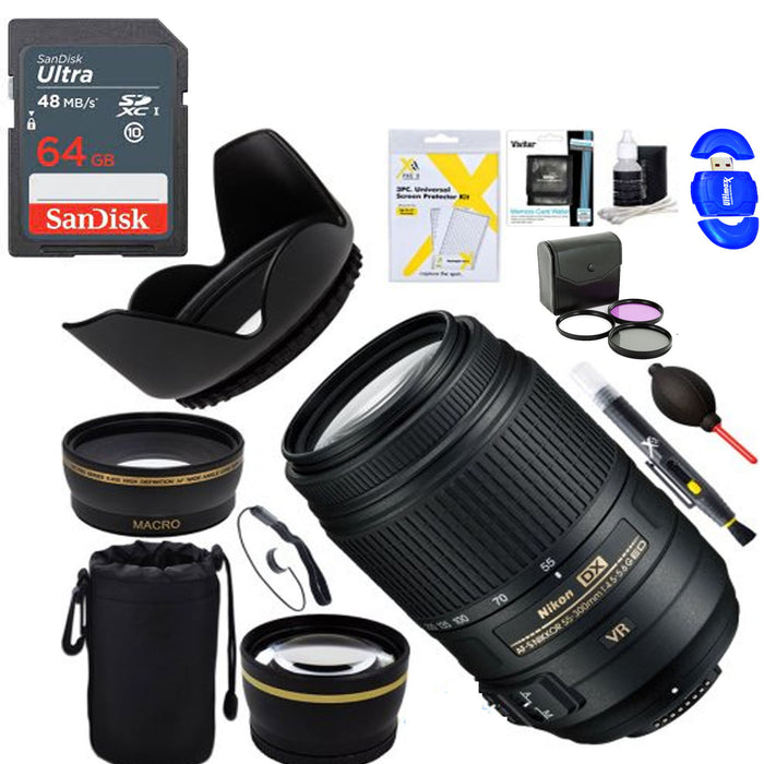 Nikon AF-S DX NIKKOR 55-300mm f/4.5-5.6G ED VR Lens with SanDisk 64GB Essential Package