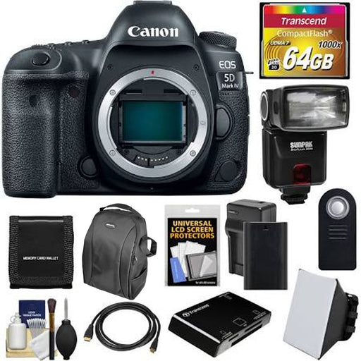 Canon EOS 5D Mark IV 4K Wi-Fi Digital SLR Camera Body with 64GB CF Card + Battery &amp; Charger + Backpack + Flash + Soft Box + Deluxe Kit