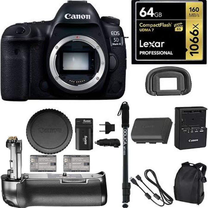 Canon EOS 5D Mark IV DSLR Camera (Body Only) w/ Battery Grip &amp; 64GB Bundle