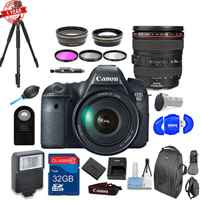 Canon EOS 6D DSLR Camera Bundle with EF 24-105mm f/4L Is USM Lens + 32GB Memory Card + Backpack + Tripod &amp; More!