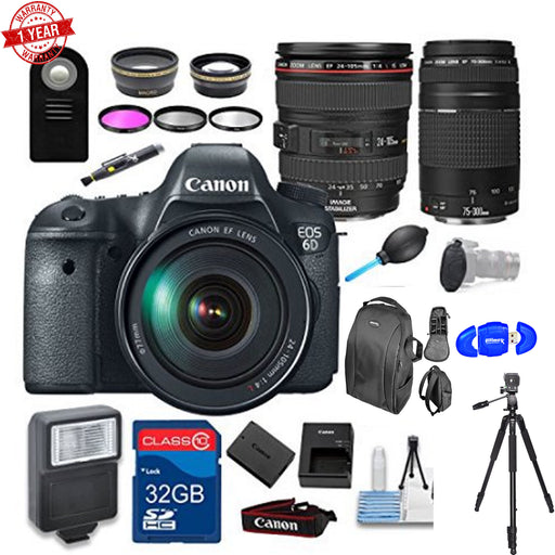 Canon EOS 6D DSLR Camera Bundle with EF 24-105mm f/4L Is USM Lens + EF 75-300mm III Telephoto Lens + 32GB Memory Card + Deluxe Bundle