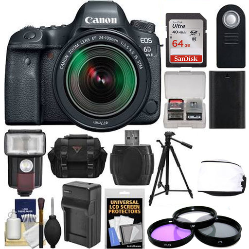 Canon EOS 6D Mark II Wi-Fi Digital SLR Camera &amp; EF 24-105mm IS STM Lens with 64GB Card + Case + Flash + Battery &amp; Charger + Tripod + Filters Kit